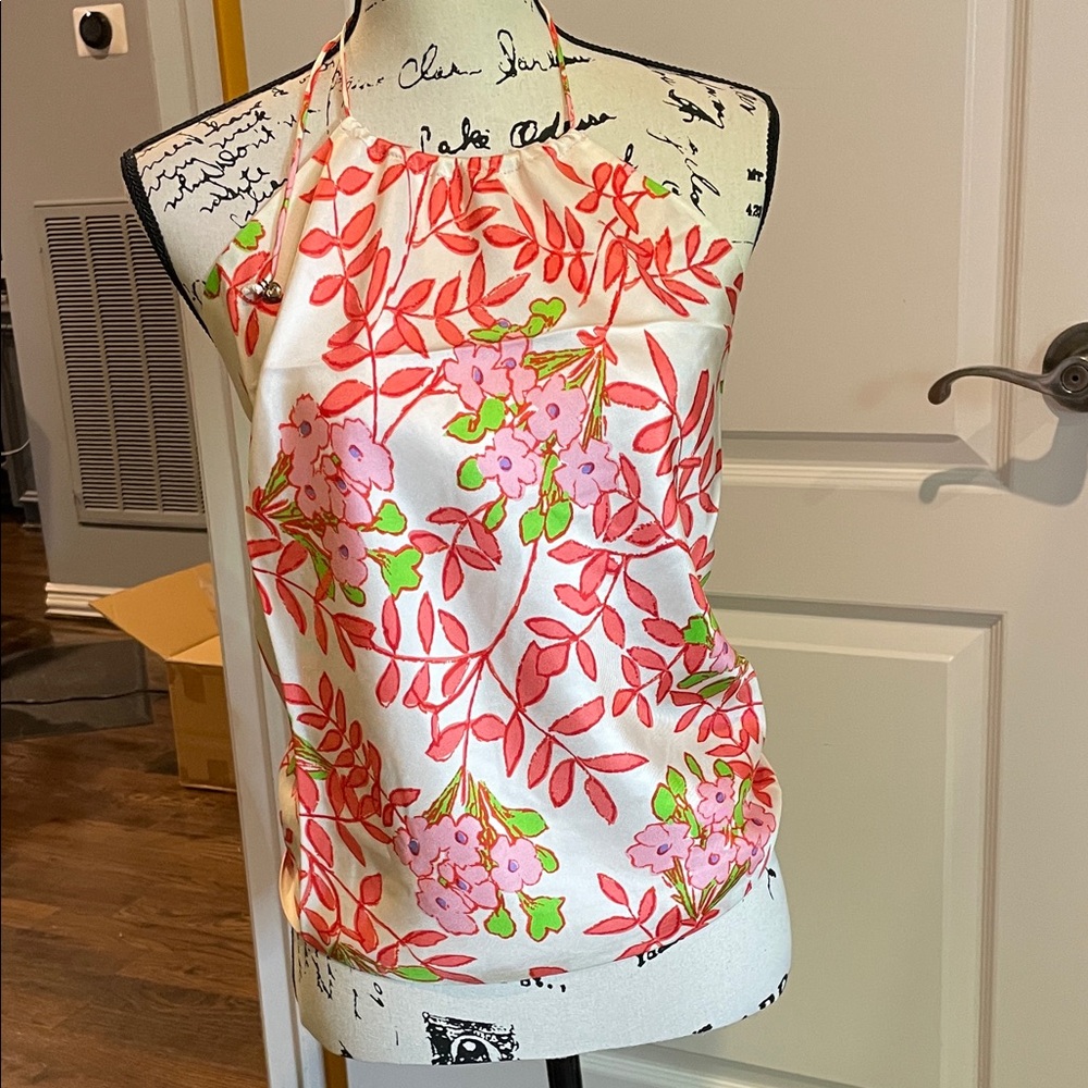 Vibrant Floral Halter Top - Pink m, Orange and Green